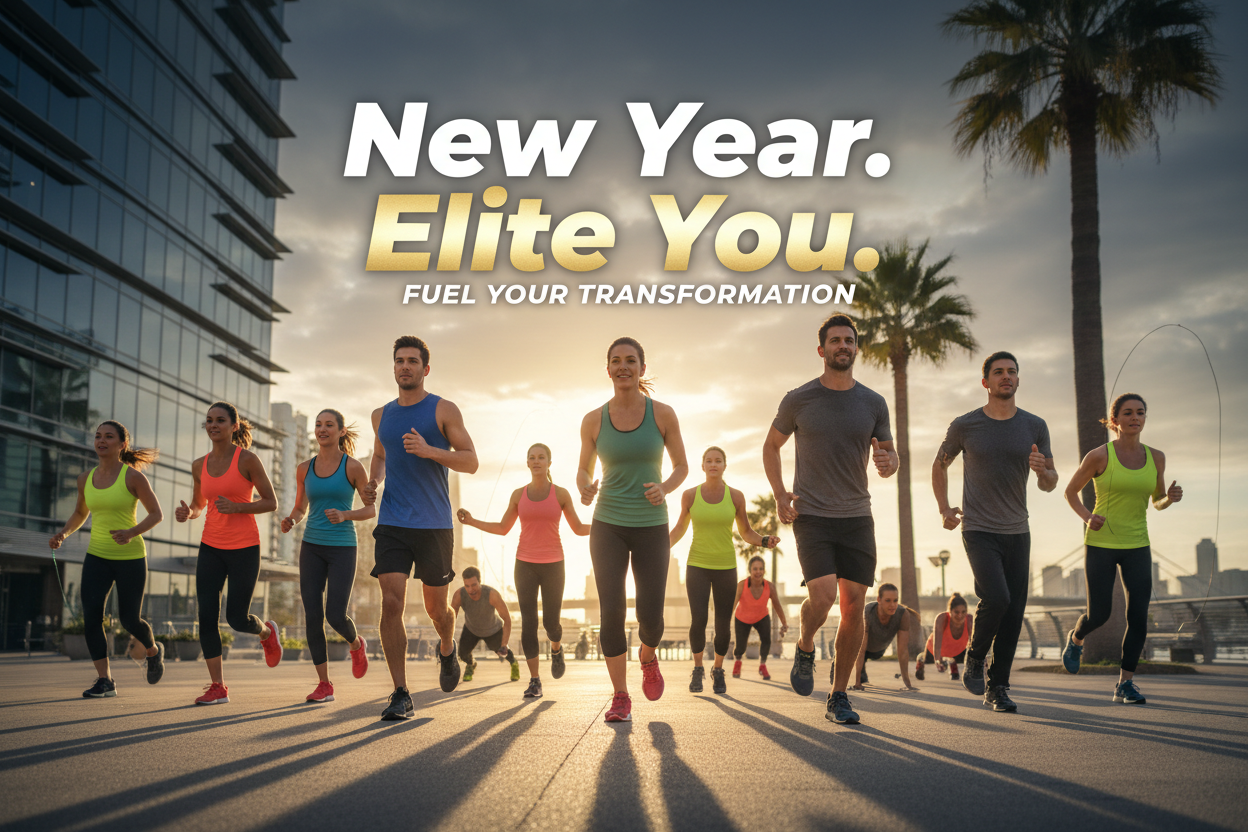 People running/doing fitness. Bold words "New Year. Elite You."